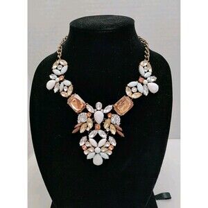 Champagne White & Pale Blue Y Statement Bib Necklace 14-17" Drop